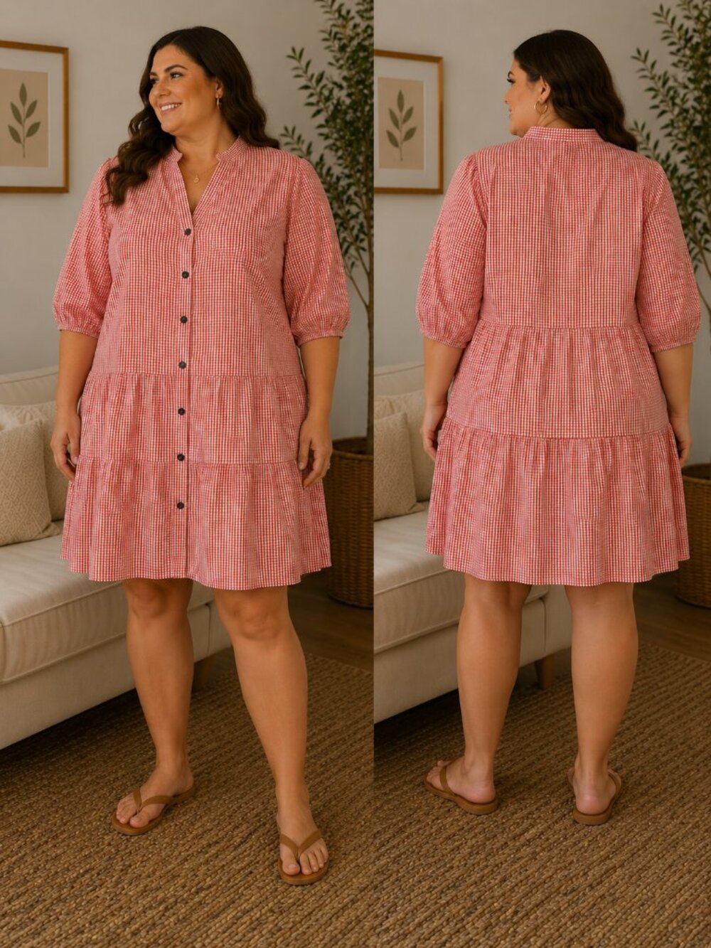 Red Gingham Tiered Shirtdress Cottagecore Picnic Button Down 3/4 Sleeve XXL